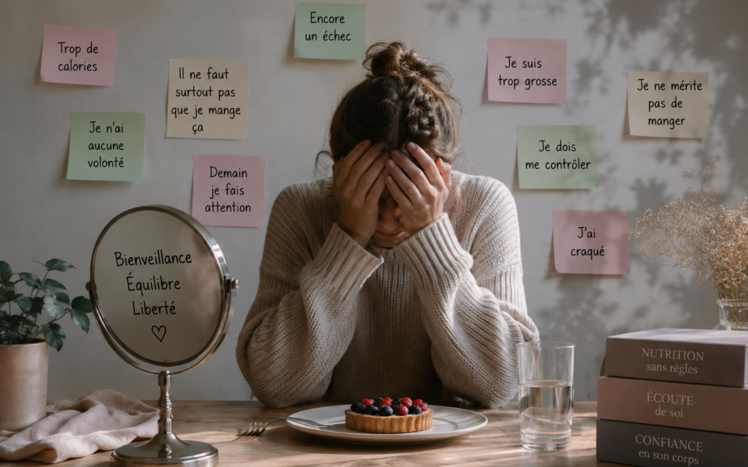 Femme confrontée à des pensées de culpabilité et de contrôle autour de l’alimentation