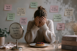 Femme confrontée à des pensées de culpabilité et de contrôle autour de l’alimentation